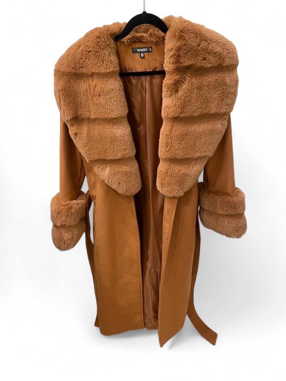 Penny lane Faux Fur Trimmed Long Coat - Tan
